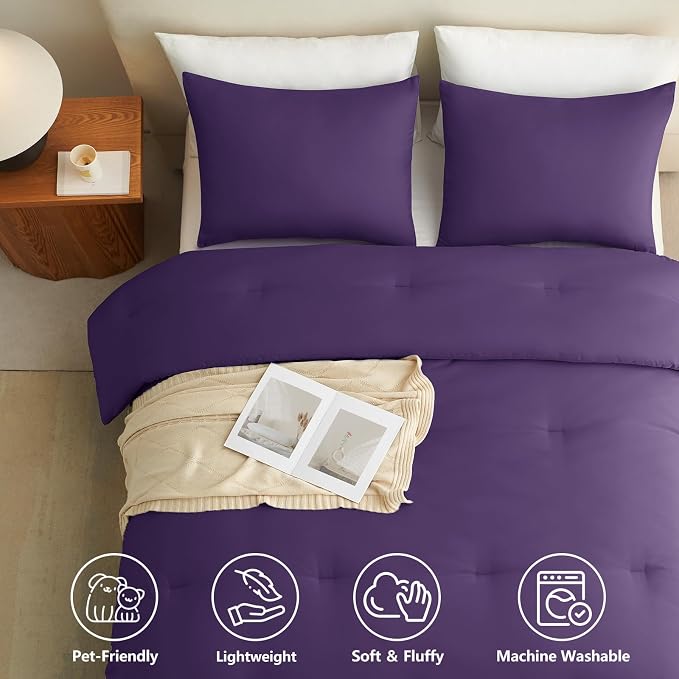 King Comforter Set, 3 Pieces Down Alternative Bedding, Purple | 270 GSM All Season Comforter with 4 Corner Ties for Use as a Duvet Insert, OEKO-TEX Certified, 2 Pillowcases, 102 x 90 in