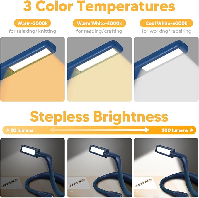 Neck Book Light, 3 Color Stepless Dimming Reading Light for Bed | 80H Rechargeable Neck Lamp for Reading Camping Working, Travel Use, Book Club Gifts for Readers, Christmas Birthday Gifts