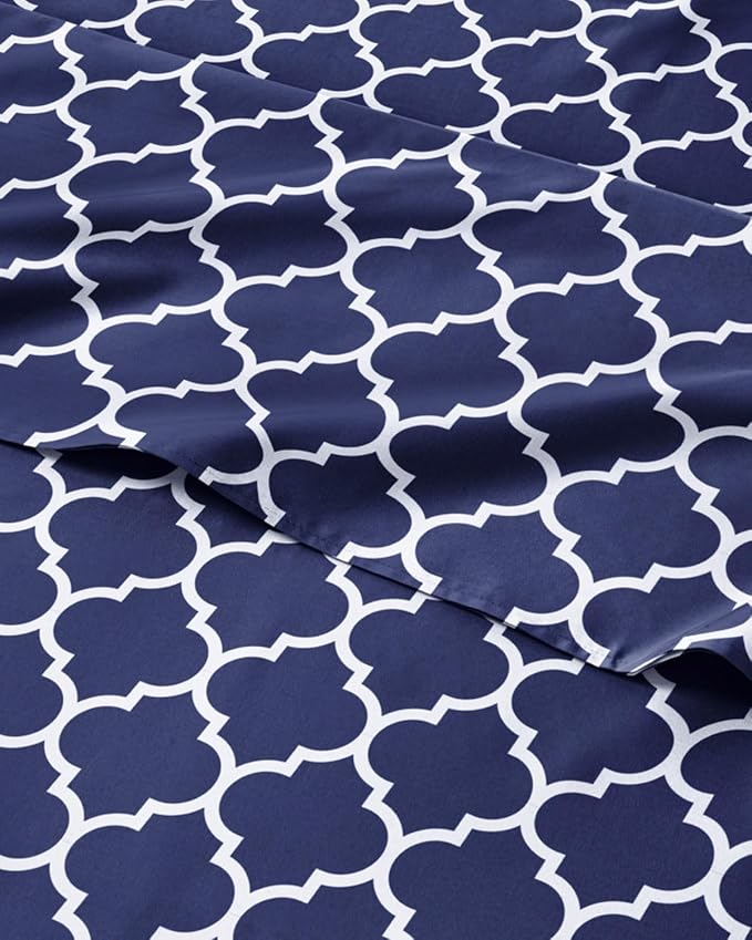 Cal King 4 Piece Striped Sheet Set - Breathable & Cooling - Navy Quatrefoil | 1 Flat, 1 Fitted & 2 Pillowcases w/ Deep Pockets, Luxury Striped Bedding, Soft, Breathable & Cooling, Wrinkle & Fade Free
