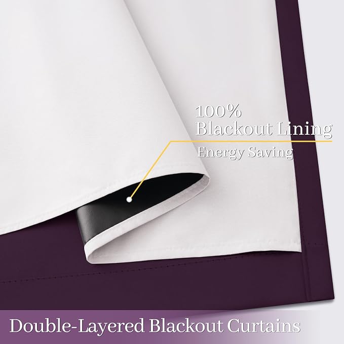 Yakamok Dark Purple 100% Blackout Curtains 84 Inches Long 40" Wide 2 Panels | Blackout Curtain Panels for Bedroom, 2 Thick Layers Grommet Top Thermal Insulated Drapes with White Back for Living Room