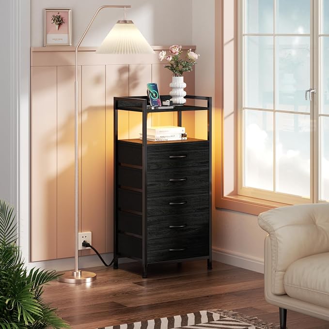 Furnulem Nightstand with Charging Station,LED,5 Drawers Dresser for Bedroom | Tall Bedside Table,Dorm Night stand with LED Light & Remote Control, Metal Frame and Fabric Bins,Wood Desk Top,Easy Assemble