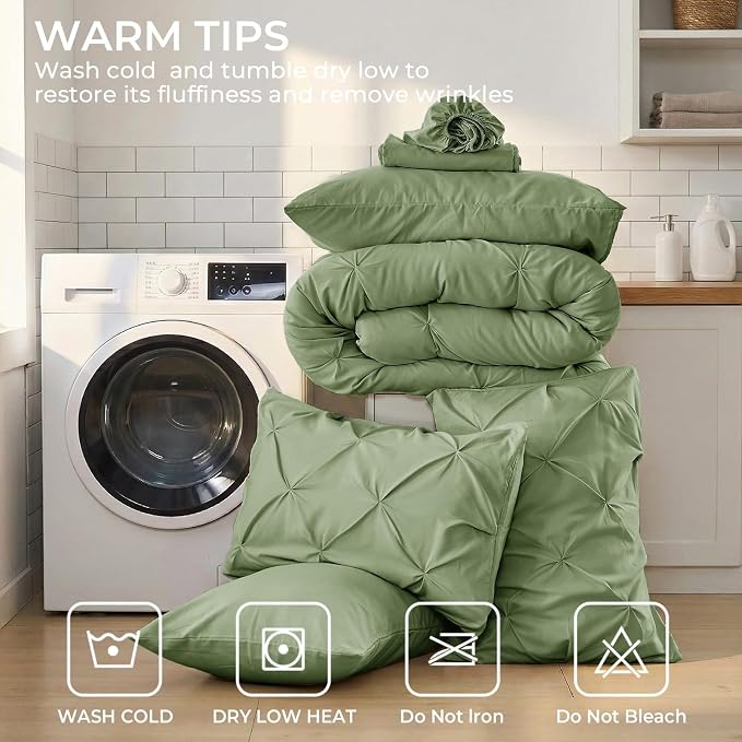 Sasttie Full Size Comforter Set, 7-Piece Bed in a Bag Double, Pintuck Bedding Set for All Season, Includes Comforter, Flat Sheet, Fitted Sheet, Pillowcases and Pillowshams, Pale Green