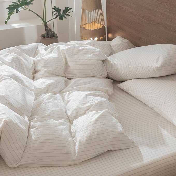 MooMee Striped Duvet Cover Set 100% Washed Cotton Linen Like Full | Relaxed Linen-like Texture. Soft, Breathable & Long-lasting Comfort. Lightweight. Hidden Zipper with 8 Interior Corner Ties