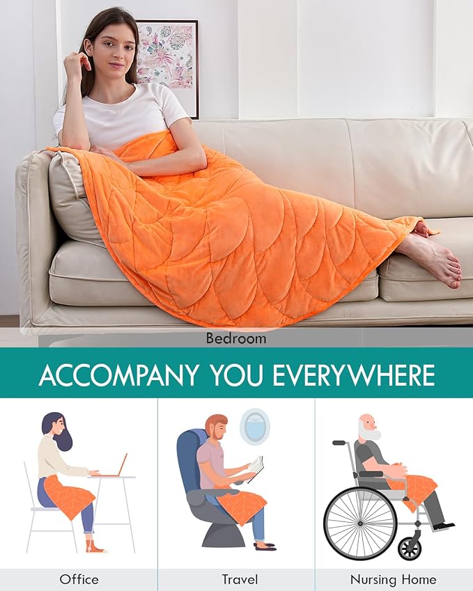 Kaisa Weighted Lap Blanket for Adults, 7lbs 41" x 53", Leaf Pattern, Orange | Washable Weighted Blankets, Small Portable Blanket for Relaxation, Cozy Luxury Crystal Velvet All-Season Heavy Blanket