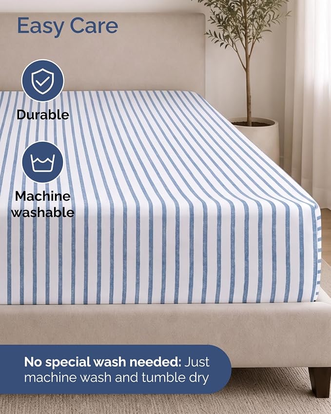 Extra Deep Flex Top Split Head King Fitted Sheet Only - Blue Stripes | Easily Fits 18 inch to 24 inch Mattress, Soft, Wrinkle Free, Breathable & Comfy, Extra Deep Pockets Hotel Luxury Fitted Sheet