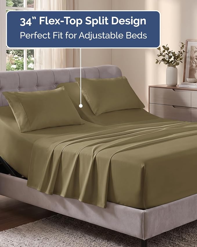 Flex Top Split Head King Sheet Set - 4 Piece Extra Deep Sheets - Khaki | Easily Fits 18 to 24 inch Mattress, Ultra Soft, Wrinkle & Fade Free with Extra Deep Pockets, Comfy Hotel Luxury Bedding