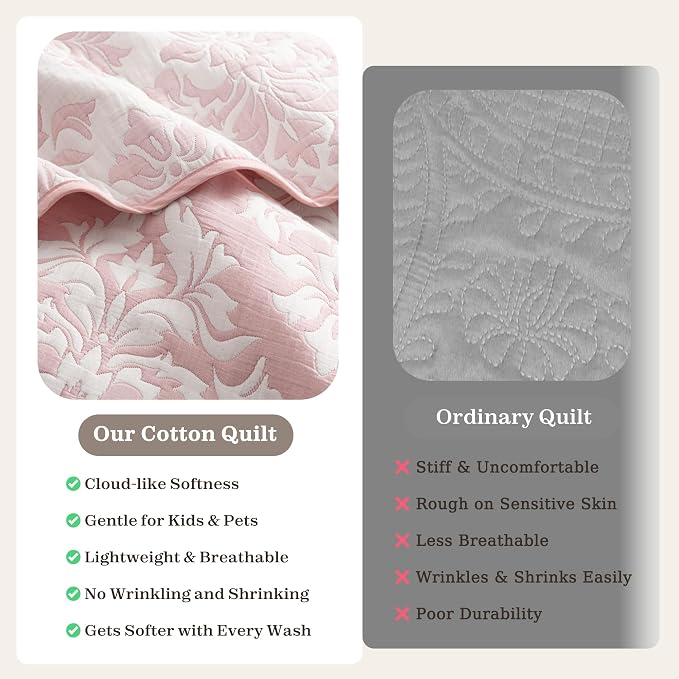 Exclusivo Mezcla Cotton Quilts Twin Size Pink | Soft Lightweight Bedspread, Breathable Prewashed Yarn Dyed Muslin, All Season Bedding Set, Boho Coverlet With 1 Pillow Sham