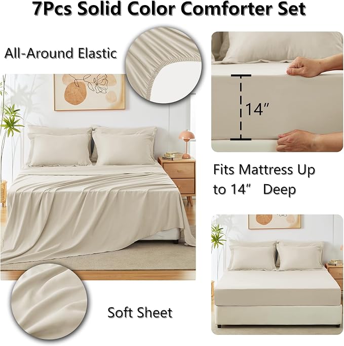 Full Size Comforter Set Oatmeal, 7 Pieces Bed in a Bag | OEKO-TEX Certified, All-Season, Bedroom, 240GSM Down Alternative Comforter, Flat & Fitted Sheets, 2 Pillowcases & 2 Shams