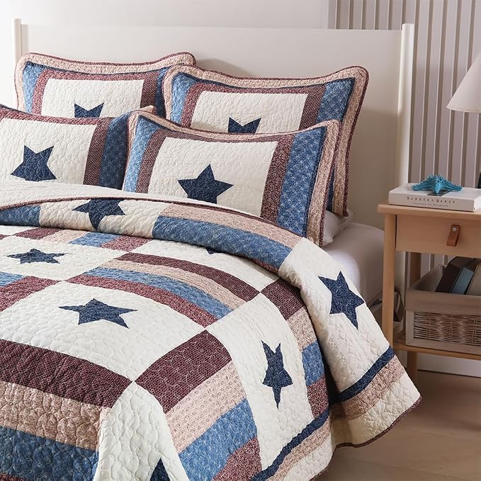 VISIMISI Cotton Bedding Quilt Sets 3 Pieces Reversible Coverlet Sets All Season Boys Real Patchwork Bedspread,Star Pattern,Queen Size | Breathable material