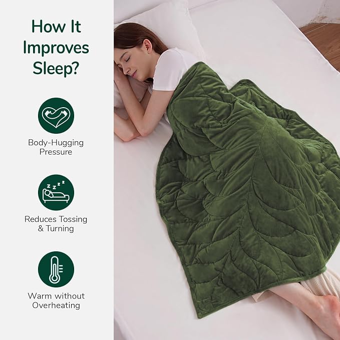 Weighted Lap Blanket for Adults, 7 lbs 41" x 53", Leaf Pattern, Olive Green | Washable Weighted Blankets, Small Portable Blanket for Relaxation, Cozy Luxury Crystal Velvet All-Season Heavy Blanket
