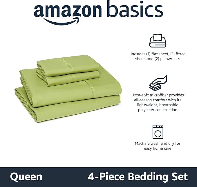 Amazon Basics Lightweight Super Soft Breathable Microfiber 4-Piece Bed Sheet Set, Queen, Oliver Light, Solid