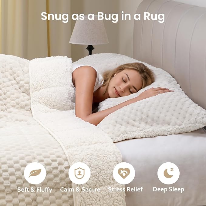 Drewin Weighted Blanket Queen Size 15lbs for Adults,Cream White,60" x 80" | Stress Relief & Better Sleep,Soft Jacquard Sherpa with Glass Beads,Machine Washable,Great for Napping,Relaxing,Reading
