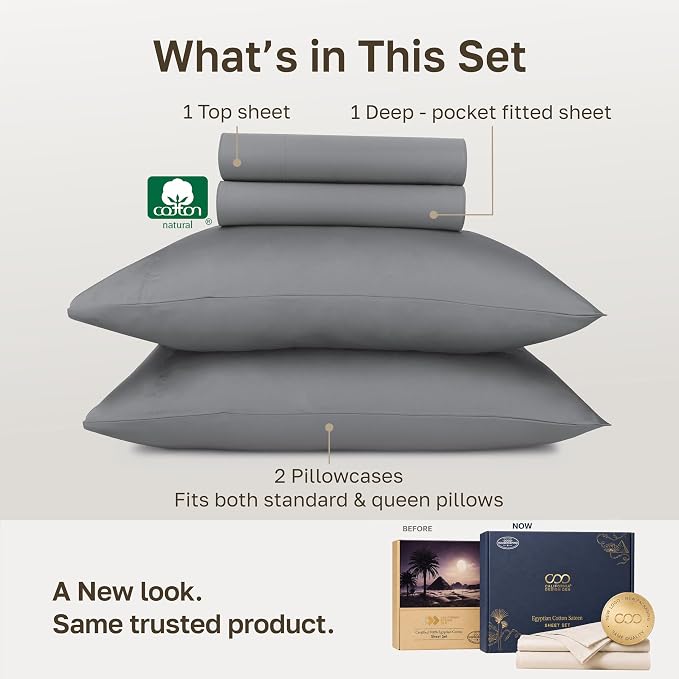 California Design Den Certified 100% Egyptian Cotton Full Sheets Set | Backed by Good Housekeeping Seal, Light & Airy Soft Sateen, 15" Deep Pocket, All-Around Elastic, 4pc Set - Ultimate Grey