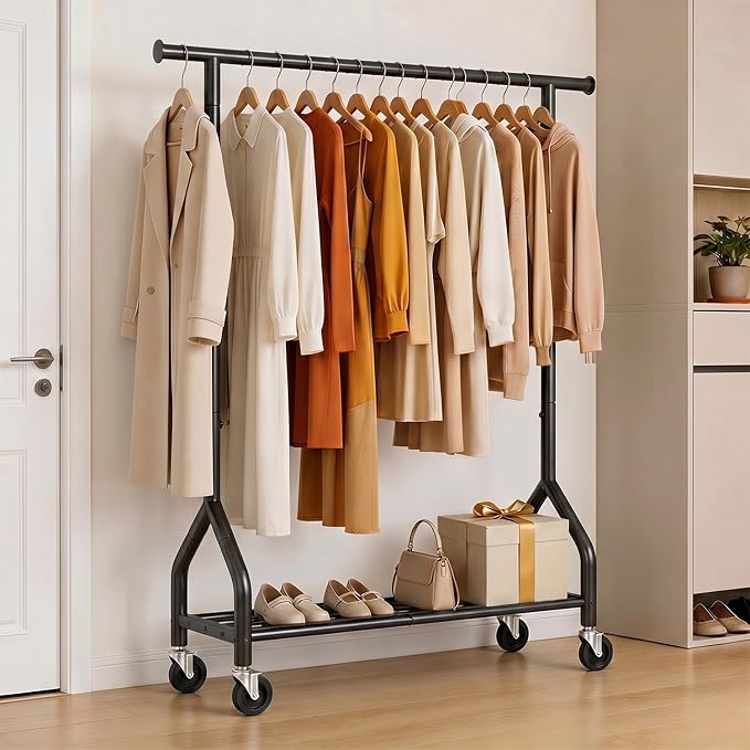 Rolling Clothes Rack with Shelf, Garment Rack Load 210Lbs, Black | Sturdy Bottom Shelf, Lockable Wheels, Heavy Duty, Freestanding Rack, for Bedroom, Laundry, Small Spaces