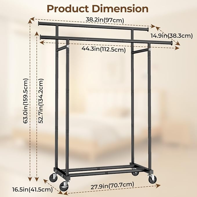HYSEYY Double Rods Clothes Rack, Rolling Clothing Rack for Hanging Clothes Portable Wardrobe Rack, Metal Garment Rack Sturdy Coat Rack for Bedroom Laundry Living Room, Black