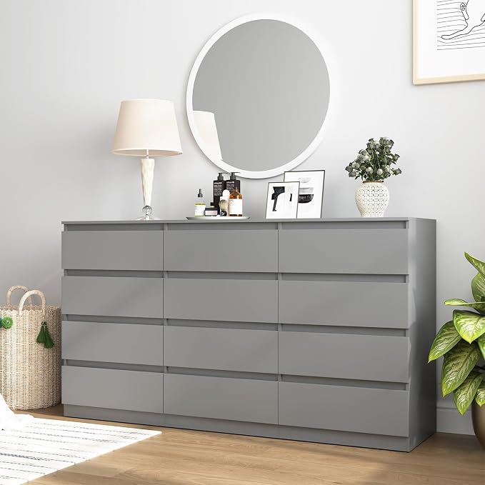 Vibe & Dine 12 Drawer Dresser, 59.1" Large Dresser for Bedroom Free Handle, Modern Wooden Chest of Drawers with Wide Storage for Living Room, Grey