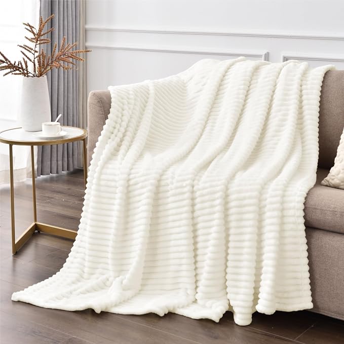 BEDELITE 3D Ribbed Jacquard Cream King Size Blankets for Bed, 108x90 Inch | Soft Warm Decorative Fluffy Blanket, Cozy Fuzzy Lightweight Plush Fleece Throw Blankets for Bed, Room Decor, Gift for Women