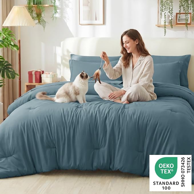 King Size Comforter Set Mineral Blue, 7 Pieces Bed in a Bag | OEKO-TEX Certified, All-Season, Bedroom, 240GSM Down Alternative Comforter, Flat & Fitted Sheets, 2 Pillowcases & 2 Shams