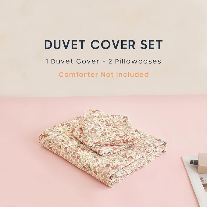 Wake In Cloud - Floral Duvet Cover Set, Cute Vintage Flower Cottagecore Aesthetic for Women Teen Girls, Soft Lightweight Bedding, 3-Piece, Cream Pink, Full Size