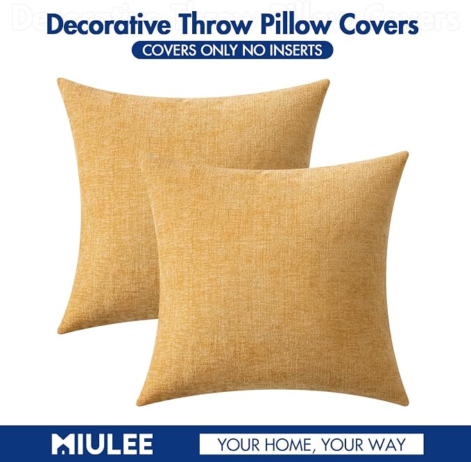 MIULEE Soft Chenille Throw Pillow Covers Beige Yellow 18x18 Inch Pack of 2 | Modern Home Decor, Classic Decorative Pillows, Solid Dyed Cases, Boho Couch Cushion Covers for Sofa Bed Living Room