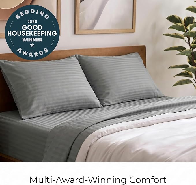 Mellanni Iconic 4-Piece, Ultra Soft Sheet Set (King, Striped Gray/Silver) | 10M+ Sleepers. Lab-tested: Sleeps Cool, Stays Bright, Strong, Smooth. Good Housekeeping Best Bedding, 7 yrs running.