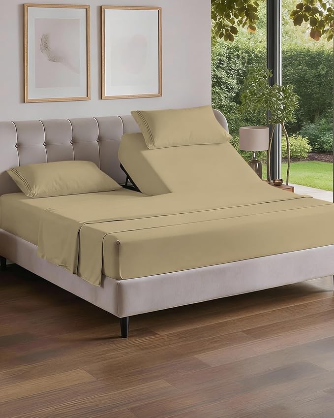 Flex Top Split Head King 4 Piece Sheet Set - Ultra-Soft, Breathable - Beige | Cooling Bed Sheets Set, Hotel Luxury Bedding for Women & Men with Deep Pockets, Wrinkle Free & Fade Resistant, Oeko-Tex