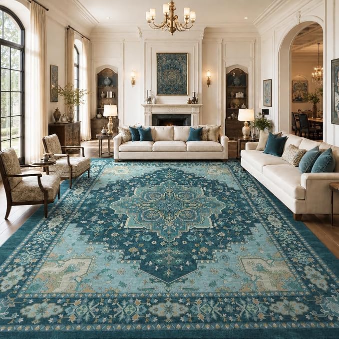 AMADA HOMEFURNISHING 8x10 Area Rug for Living Room, Vintage Washable Area Rug Low-Pile & Non-Slip Carpet for Bedroom Dining Room Nursery Home Office, Teal Blue
