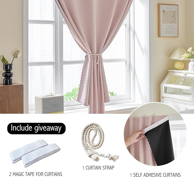 AJAZZ 100% Blackout Stick Curtain Portable Black Out Curtains Adhesive Curtains for Bedroom Living Room No Drilling (Pink, 47" W x 59" L 1 Panel)