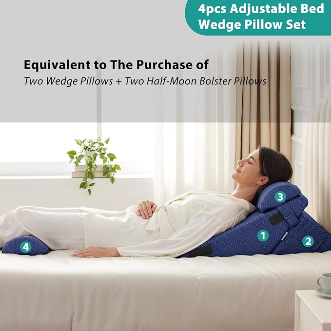 Adjustable 4pcs Bed Wedge Pillow Set, Memory Foam Wedges Pillow Post Surgery for Back, Neck, Leg Pain Relief, Pillows Wedge for Sleeping, Sitting up in Bed, Acid Reflux and GERD, Navy Blue
