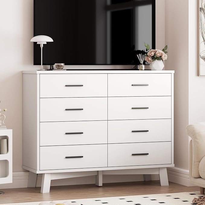 Xixini Dresser for Bedroom, 8 Drawer Wide Modern Chest of Drawers with X-Shaped Sturdy Base, Wood Double Dresser Closet Clothes Storage Organizer, Wooden TV Stand for Living Room, Hallway, White