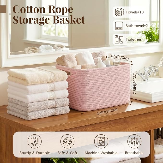 OIASKET 4Packs Natural Cotton Rope Storage Baskets for Organizing Toys, Clothes, Towels & Books, Soft Versatile Organizers for Shelves, Home Decorative Bins, 13''Lx9''Wx7.8''H, Pink