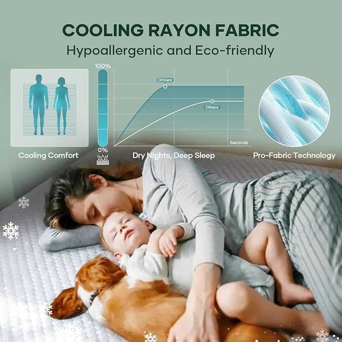 OhGeni 100% Waterproof Mattress Protector,Full Size Premium Bamboo Soft Thick Pad,3D-Air Fabric Cooling Breathable Fitted Sheets,Washable Bed Cover for Colchon Doble Noiseless Over 99 Count Hex Bumps
