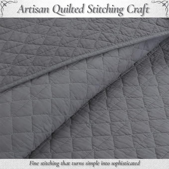 Cozy Line Home Fashions 100% Cotton Quilt Set – 3-Piece Charcoal Gray Solid Classic Modern Quilted Bedspread with Shams, Lightweight All Season Modern Bedding (Diamond Gray, King)