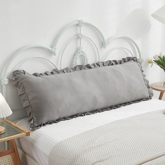 Shabby Chic 20x54in Light Grey Body Pillow Cover with Ruffled Fringe Decor