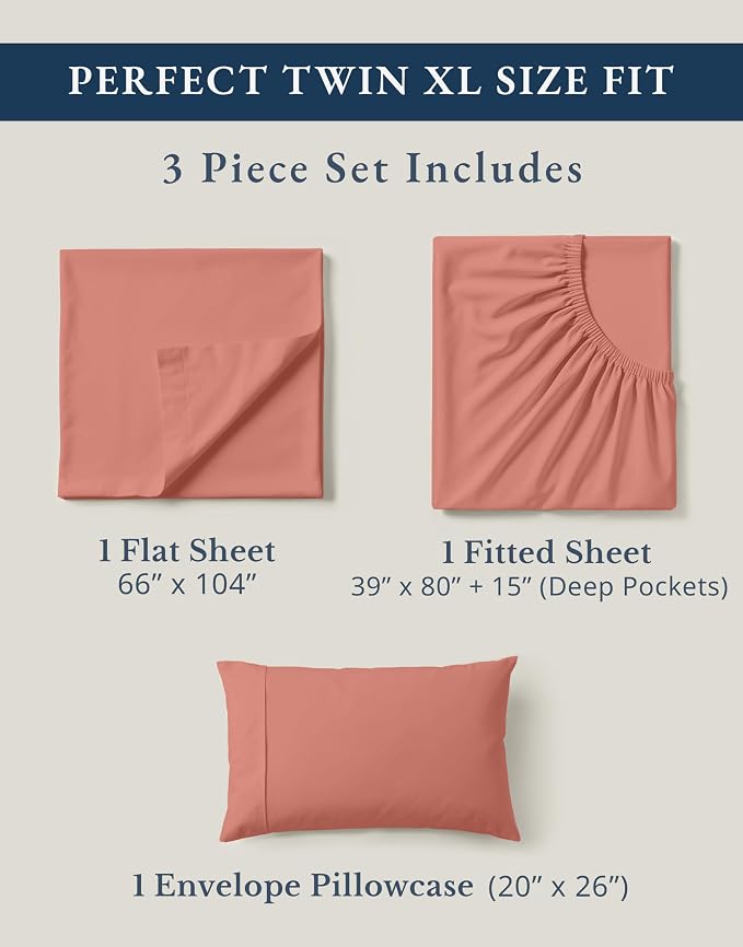 LANE LINEN Twin Sheets 100% Organic Cotton Percale Cooling Soft - Rose Dawn | 100% Organic Cotton Percale Twin Sheet Set - Easy-Care Machine Washable, Breathable For Year-Round Sleep, For Hot Sleepers