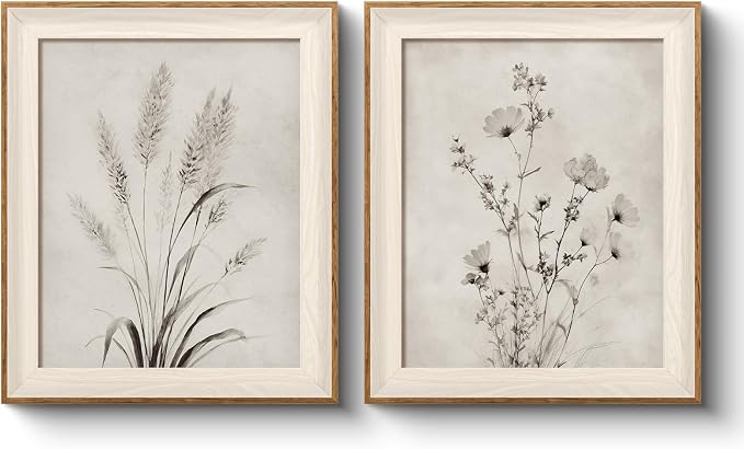 VIYYIEA Framed Botanical Wall Art Set of 2, Wildflower and Pampas Grass Canvas Prints, Minimalist Nature Home Decor, Elegant Living Room Bedroom Office Wall Decorations, 10x12 Inch