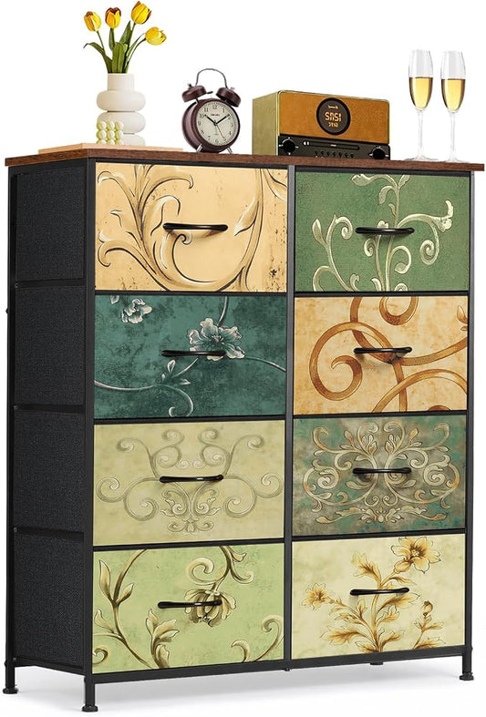 8-Drawer Dresser for Bedroom, Anti-Tip Tall Storage Organizer | Chest of Drawers with Wooden Top and Metal Frame Fabric Bins for Closet, Living Room, Hallway, Entryway, Floral Painted