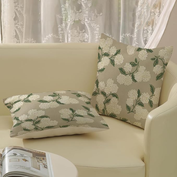 Beige Spring Pillow Covers 18x18 Inch 2 Pcs Khaki Green Hydrangea Flower Decor Throw Pillows Vintage Floral Seasonal Summer Outdoor Decoration Pillowcase Linen Cushion Cover for Couch Sofa