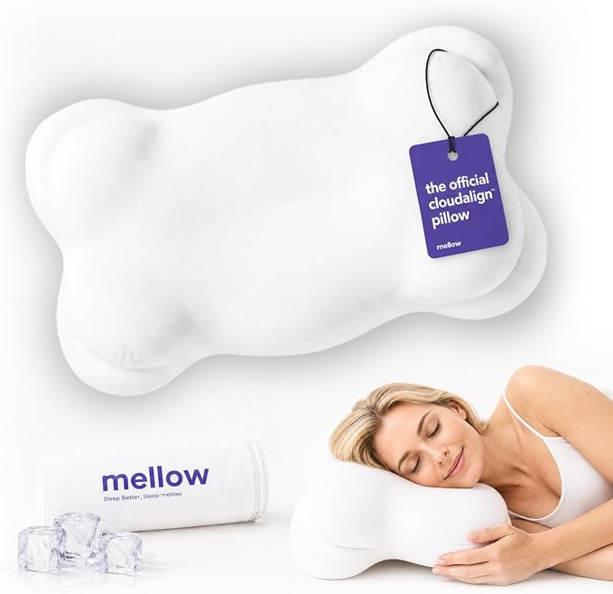 Mellow CloudAlign Memory Foam Pillow for Neck & Shoulder Support, Standard | Dual Height Ergonomic Cervical Pillow for Side Back & Stomach Sleepers, Contoured Orthopedic Bed Pillow with Washable Cover