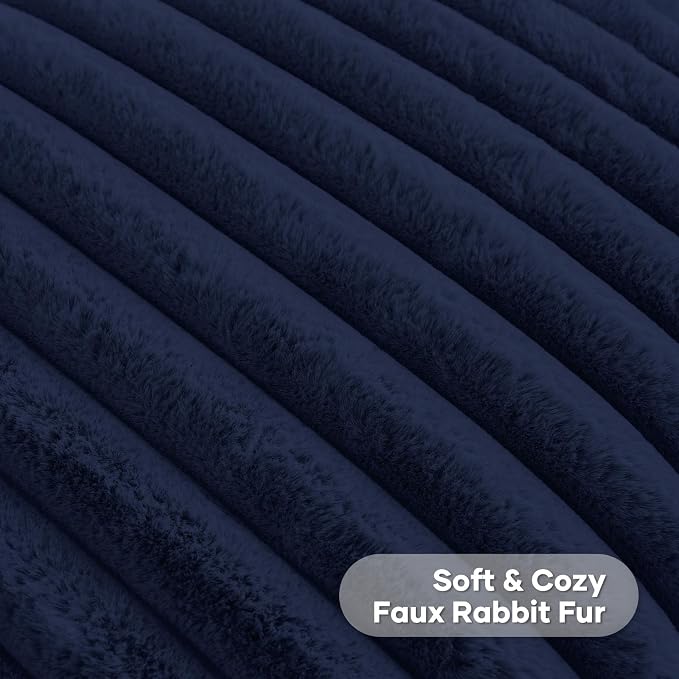 FUTEI Pack of 2 Faux Fur Throw Pillow Covers 22x22 Inch, Dark Navy | Fluffy Faux Rabbit Fur Front/Premium Velvet Back,Hidden Zipper,Machine Washable,Non-Shedding,Colorfast,Insert Not Included.