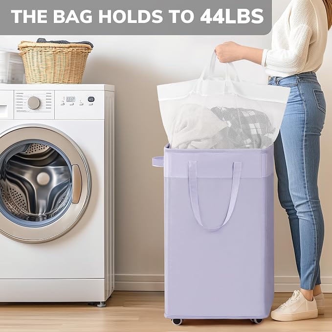 Goodpcik 75L Rolling Laundry Hamper with Wheels, Laundry Hamper for Dorm | Laundry Basket with Handles for Dirty Clothes, Hamper for Laundry Room, Dorm Room Essentials, Light Purple
