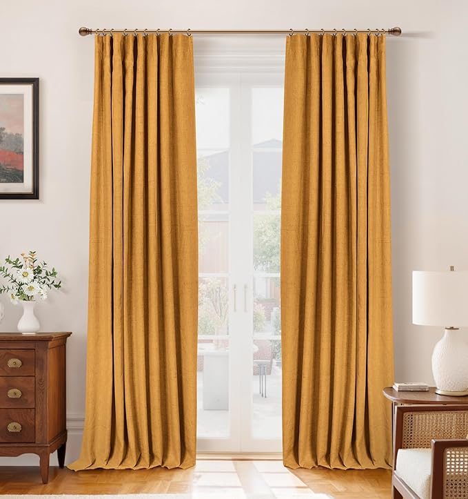 INOVADAY 100% Blackout Curtains for Bedroom Black Out Curtains 90 Inch Long | Mustard Yellow Living Room Curtains 2 Panels, Clip Rings Linen Blackout Drapes, Thermal Insulated Room Darkening,W50xL90