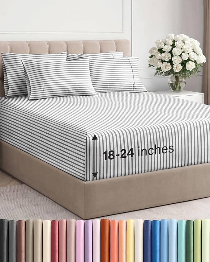 Extra Deep Full Sheet Set - 6 Piece Breathable & Cooling - Grey Stripes | Hotel Luxury Bed Sheets Set, Easy & Secure Fit, Ultra-Soft, Wrinkle & Fade Free, Comfy Sheets Set with Extra Deep Pockets