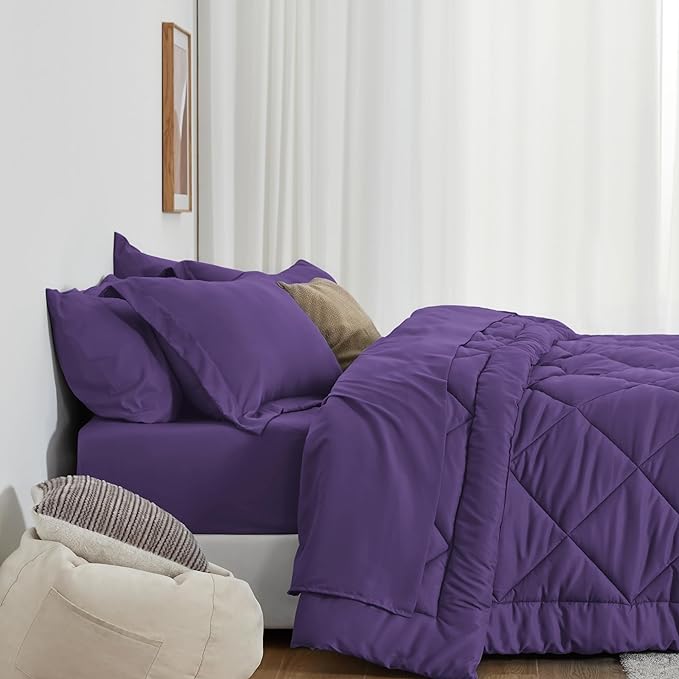 Love's cabin Oversized Queen Comforter Set, 7 Pieces Bed in a Bag, All Season Bedding Sets with 1 Comforter, 1 Flat Sheet, 1 Fitted Sheet, 2 Pillowcase and 2 Pillow Sham, Purple