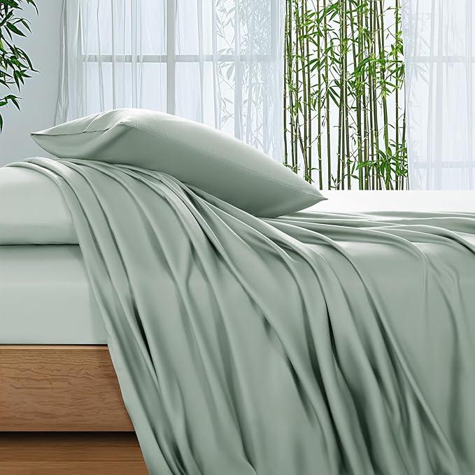 SONORO KATE 100% Viscose Derived from Bamboo_Sheets Queen Size,4PC | Cooling Bed Sheets for Hot Sleepers,Soft Breathable & Silky,16" Deep Pocket,Luxury Hotel Bedding,Sea Glass