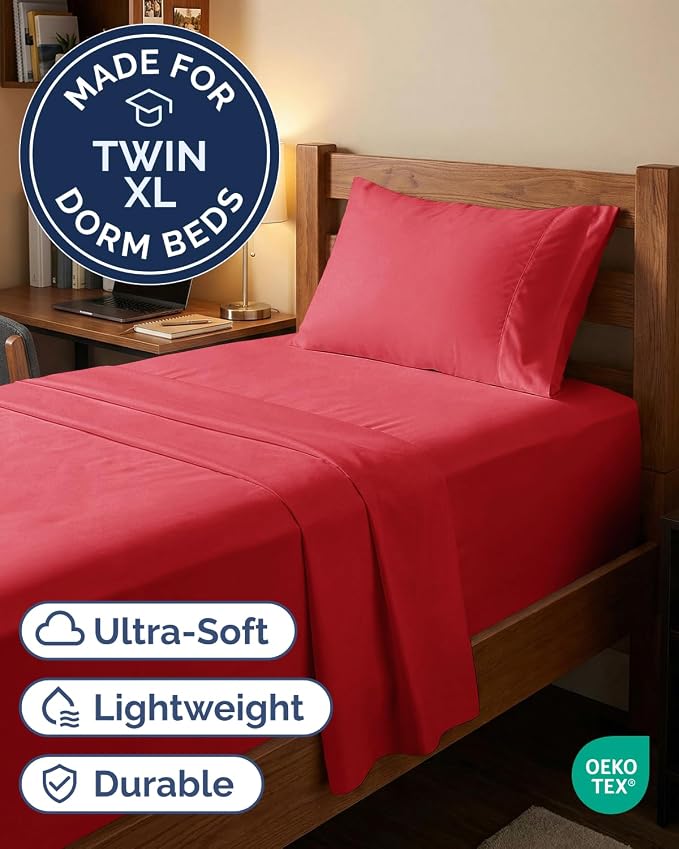 Extra Deep Twin XL Sheet Set - 3 Piece College Dorm Room - Red | Soft, Breathable & Cooling, Easily Fits 18 to 24 inch Mattress, Wrinkle Free & Fade Resistant with Extra Deep Pockets
