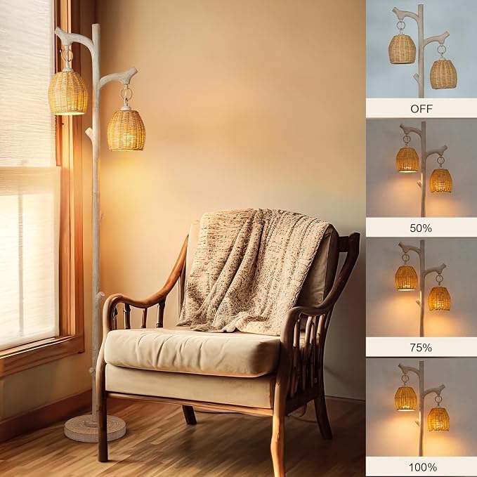 Scenekoy 68" Tall Floor Lamp with Wicker Drum Shade, Foot Switch Dimming | Tree Trunk Washed White Finish, Resin Farmhouse Rustic Standing Lamp with Bulb, Decor for Living Room Bedroom Reading Room