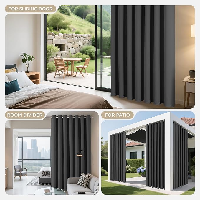 Joydeco Blackout Patio Sliding Door Curtains, Privacy Room Divider Curtains | Extra Wide Thermal Blackout Curtains for Bedroom Living Room, Curtain for Patio Door (Grey, 60Wx90L, 1 Panel)
