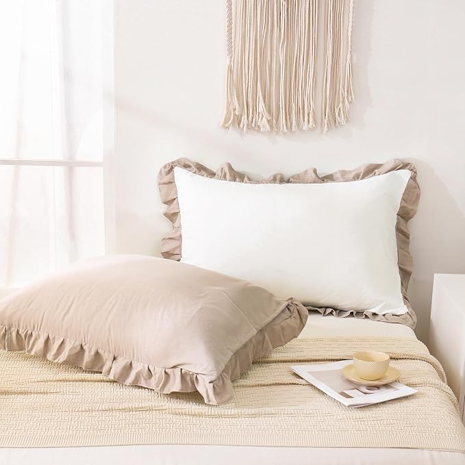 Merryword Taupe Pillow Shams White and Taupe Reversible King Pillowcases Cute Pillow Cover Set of 2 Soft Shabby Chic Ruffled Pillowcases 2 Pack (King (20''x36''), White Taupe)