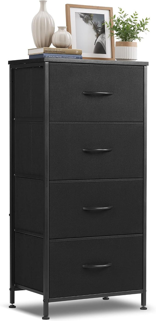 4 Drawers Dresser for Bedroom Fabric Storage Tower with Wooden Top | Steel Frame Tall Chest of Drawers for Closet, Entryway, Dorm, Black